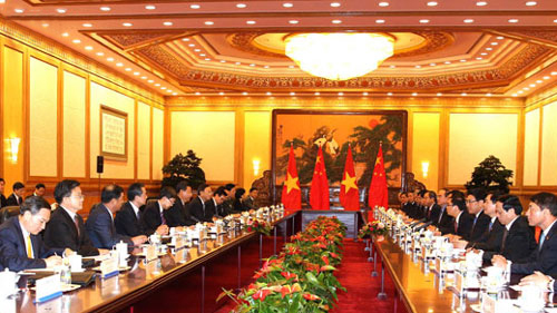 Hội đàm giữa Chủ tịch nước Trương Tấn Sang và Chủ tịch nước CHND Trung Hoa Tập Cận Bình. Ảnh: vov.vn