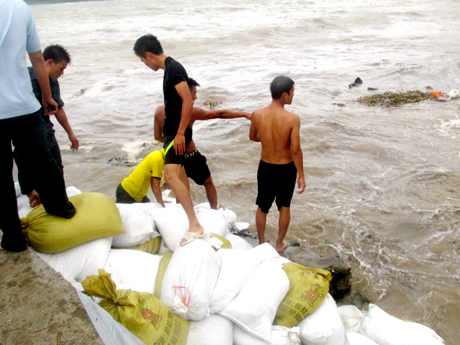 Sau hai giờ đồng hồ vật lộn với mưa, sóng lớn tuyến cầu đã được gia cố an toàn.
