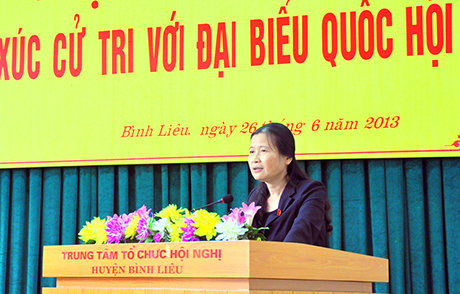 Đồng chí Đồng chí Đỗ Thị Hoàng, Phó Bí thư Thường trực Tỉnh ủy, Trường đoàn ĐBQH tỉnh báo cáo với các cử tri về kết quả kỳ họp thứ 5, Quốc hội khóa XIII.