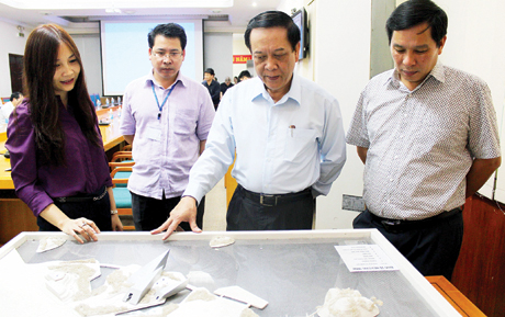 Phó Chủ tịch Thường trực UBND tỉnh Đỗ Thông xem phương án kiến trúc các công trình khu văn hoá thể thao Cột 3, phường Hồng Hải (TP Hạ Long).
