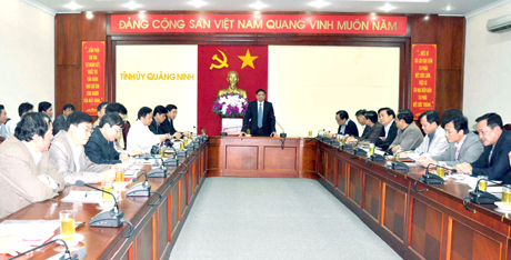 Đồng chí Phạm Minh Chính, Ủy viên Trung ương Đảng, Bí thư Tỉnh ủy phát biểu tại buổi làm việc.