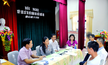 Đồng chí Đỗ Thị Hoàng, Phó Bí thư Thường trực Tỉnh uỷ, Trưởng đoàn ĐBQH tỉnh lắng nghe và giải đáp một số ý kiến kiến nghị của cử tri huyện Đầm Hà.