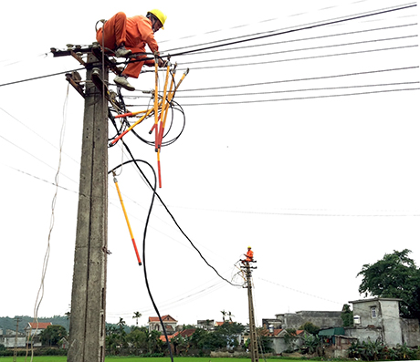 Nhân viên Điện lực Đông Triều tiến hành cải tạo đường dây hạ áp tại xã Hồng Thái Tây.