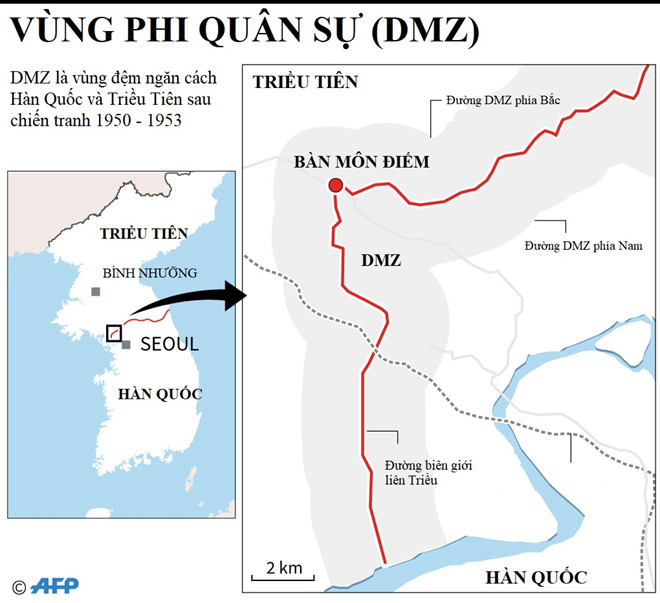 Cuộc gặp thượng đỉnh giữa Tổng thống Moon Jae In và Nhà lãnh đạo Kim Jong Un sẽ diễn ra tại làng đình chiến Bàn Môn Điếm. Đồ họa: AFP.