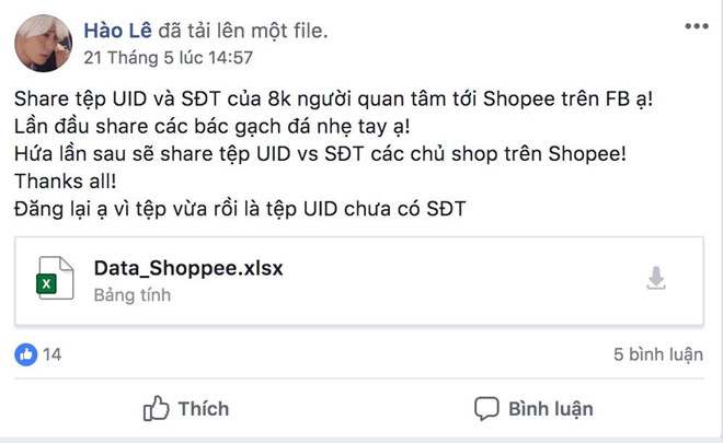 Dữ liệu người dùng quan tâm đến Shopee trên Facebook cũng từng bị phát tán.