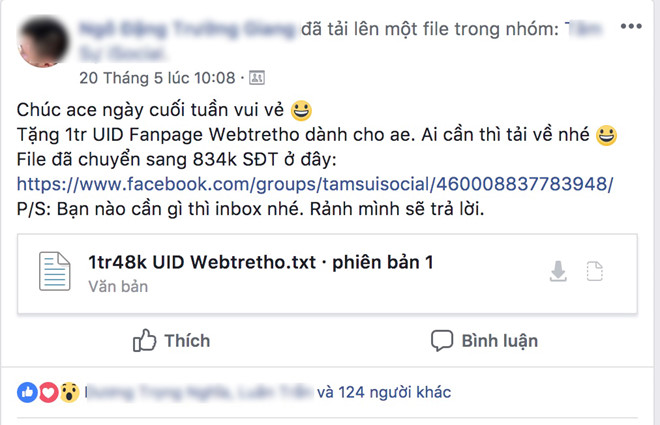 UID của thành viên Webtretho được "tặng" công khai trên một nhóm chuyên về marketing. Trước đó, nhiều fanpage ở Việt Nam cũng từng là "nạn nhân" của những vụ quét dữ liệu và rao bán UID.