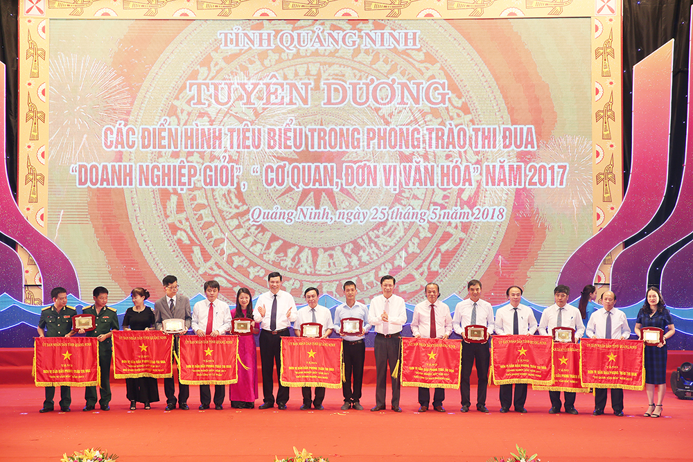 Các đồng chí: Nguyễn Văn Đọc, Bí thư Tỉnh ủy, Chủ tịch HĐND tỉnh; Nguyễn Đức Long, Phó Bí thư Tỉnh ủy, Chủ tịch UBND tỉnh, trao cờ thi đua cho 8 tập thể tiêu biểu, xuất sắc.