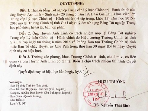 Quyết định thu hồi bằng Trung cấp Chính trị của ông Huỳnh Anh Linh.