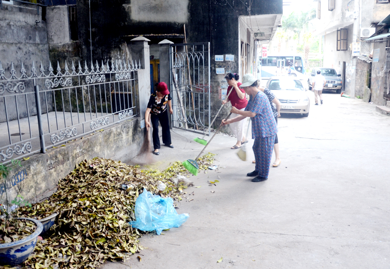 Hội viên tổ phụ nữ văn minh Khu phố 1B, phường Hồng Hải, TP Hạ Long tham gia Ngày chủ nhật xanh.