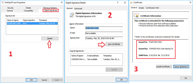 Người dùng nên kiểm tra chứng thực phần mềm trước khi cài đặt file UnikeyNT.exe.