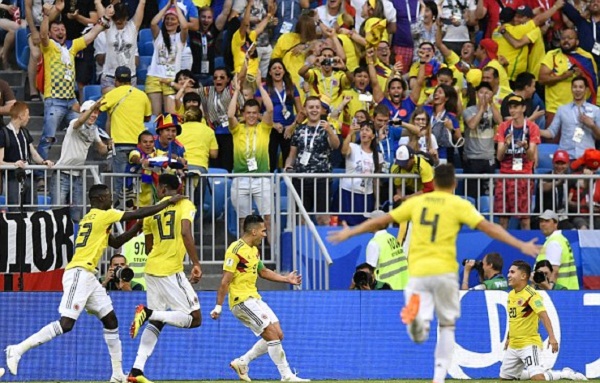 Cầu thủ Colombia vui mừng sau khi ghi bàn thắng duy nhất của trận đấu. Ảnh: AP.