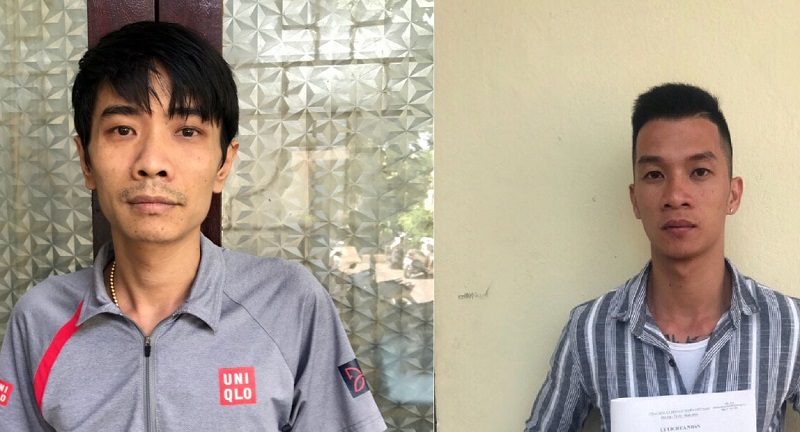 Hà (trái) và Cường (phải) tại cơ quan Công an TP Móng Cái (Ảnh Hồng Đức - Công an TP Móng Cái). 