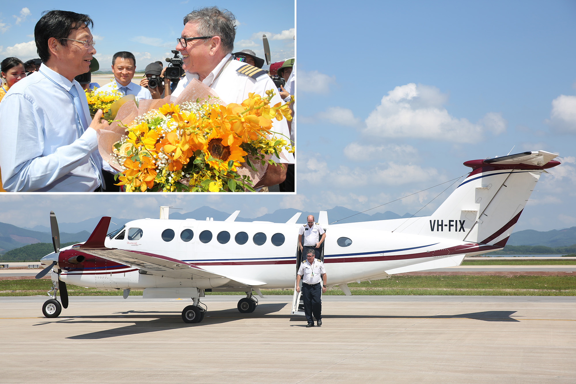 Phi công Charles John Fogaty - người điều khiển máy bay King Air 350, mang số hiệu VH-FIX  là phi công bước xuống Cảng hàng không quốc tế Vân Đồn đầu tiên, đã nhận được sự chào đón của đông đảo đại biểu, nhân dân. Đồng chí Nguyễn Văn Đọc, Bí thư Tỉnh ủy, Chủ tịch HĐND tỉnh đã trực tiếp ra máy bay tặng hoa chúc mừng.
