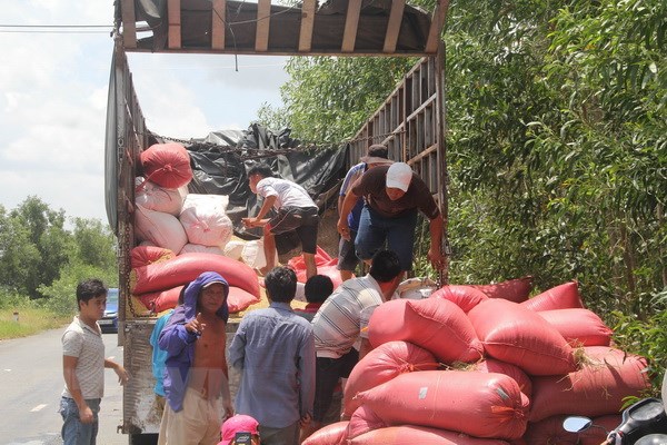 Nhóm người tự ý tháo dỡ niêm phong, bốc dỡ hàng hóa. (Ảnh: Bùi Giang/TTXVN)