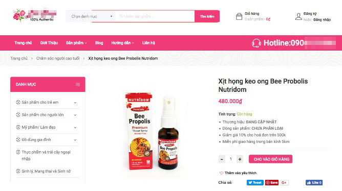 Hình ảnh sản phẩm keo ong trên một website không rõ nguồn gốc sản phẩm