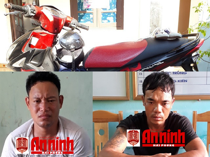 2 tên cướp và phương tiện gây án bị người dân và lực lượng chức năng vây bắt. (Ảnh: An Ninh Hải Phòng)