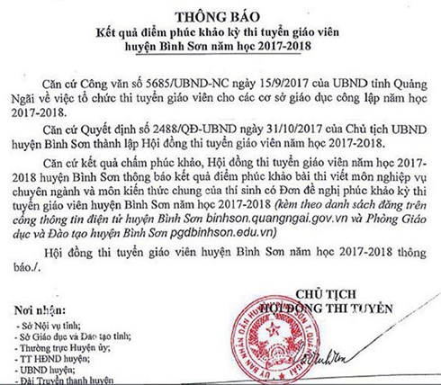 Nhiều sai phạm trong kỳ thi tuyển giáo viên năm 2017 tại Quảng Ngãi