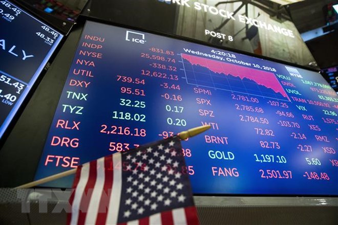 Bảng tỷ giá chứng khoán tại Sàn giao dịch chứng khoán New York, Mỹ. (Ảnh: THX/TTXVN)