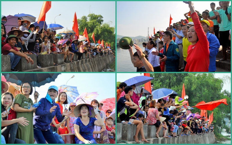 Dọc hai bên bờ sông Tiên Yên, hàng trăm cổ động viên khua chiêng trống, phất cờ hoa cổ vũ nhiệt tình cho các VĐV tranh tài.