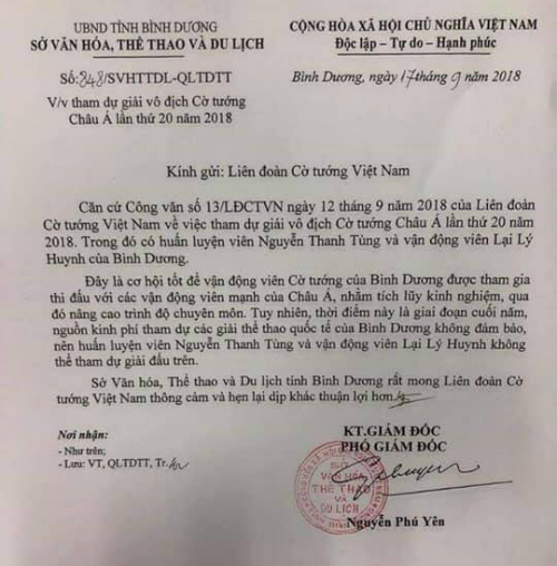 Công văn từ phía Bình Dương không cho HLV Thanh Tùng và kỳ thủ Lý Huynh dự giải.