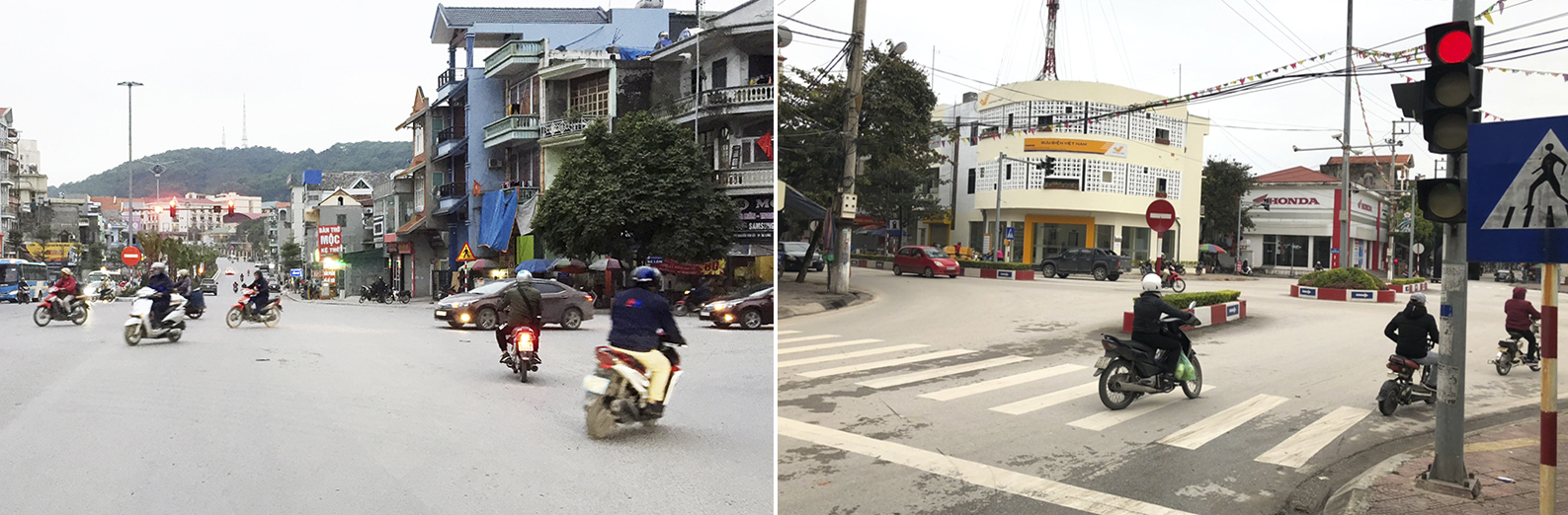 Đèn giao thông đã bật đỏ nhưng không ít người tham gia giao thông vẫn cố tình vượt (Ảnh chụp tại ngã tư cầu Trắng, TP Hạ Long (trái) và ngã tư trung tâm phường Quảng Yên, TX Quảng Yên (phải).