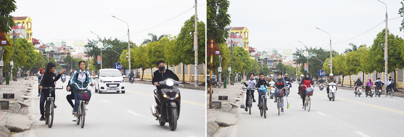 Học sinh dàn hàng 2, hàng 3 khi tham gia giao thông, tiềm ẩn mất ATGT (Ảnh chụp tại đường Lê Lợi, đoạn qua thị trấn Trới, huyện Hoành Bồ).