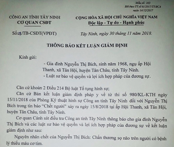 Thông báo kết luận giám định nguyên nhân cái chết bà Bích của Cơ quan CSĐT Công an tỉnh Tây Ninh. ẢNH: DƯƠNG PHAN