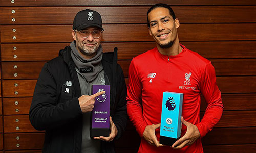 Klopp (trái) và Van Dijk nhận hai giải quan trọng nhất tháng 12/2018. Ảnh: PL.