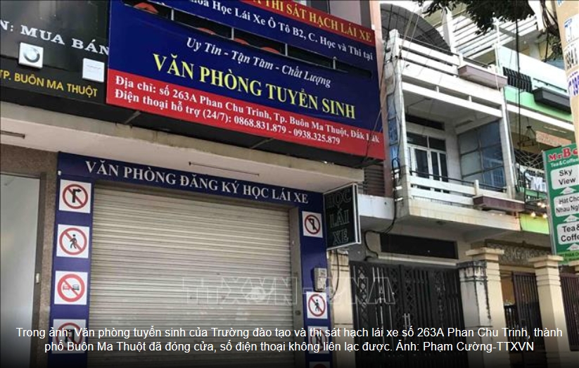 Văn phòng tuyển sinh của Trường đào tạo và thi sát hạch lái xe số 263A Phan Chu Trinh, thành phố Buôn Ma Thuột, tỉnh Đắk Lắk.