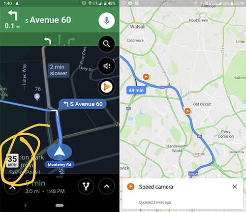 Google Maps cập nhật tính giới hạn tốc độ và điểm bắn tốc độ. Ảnh: AndroidPolice.