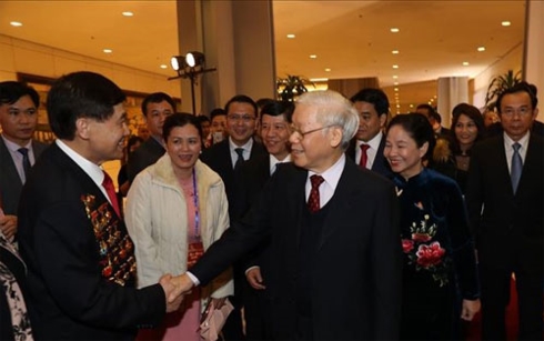 Tổng Bí thư, Chủ tịch nước Nguyễn Phú Trọng và Phu nhân đến dự Chương trình Xuân quê hương 2019. Ảnh: Trí Dũng/TTXVN