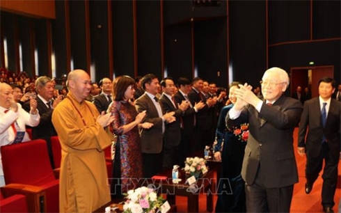 Tổng Bí thư, Chủ tịch nước Nguyễn Phú Trọng và Phu nhân đến dự Chương trình Xuân quê hương 2019. Ảnh: Trí Dũng/TTXVN.