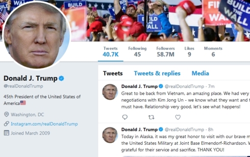 Ảnh chụp trang Twitter của Tổng thống Trump với lời ca ngợi Việt Nam và thể hiện sự lạc quan về quan hệ Mỹ-Triều.