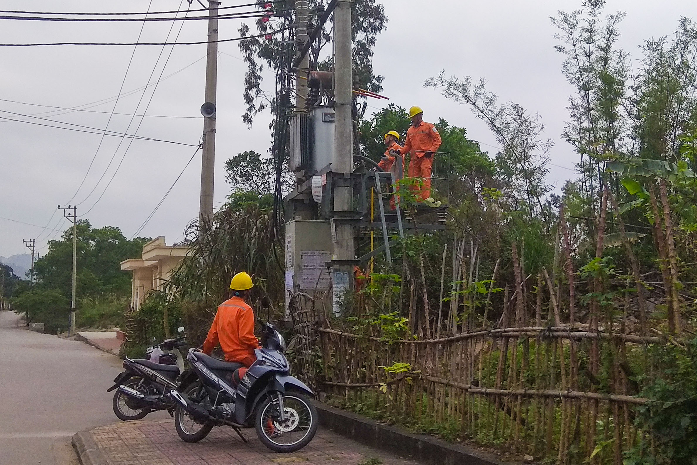 Công nhân ngành Điện bảo trì hệ thống điện tại xã Cẩm Hải, TP Cẩm Phả.
