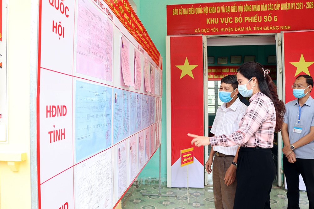 Đồng chí Nguyễn Thị Hạnh, Phó Chủ tịch UBND tỉnh, kiểm tra tại khu vực bỏ phiếu số 6 xã Dực Yên.