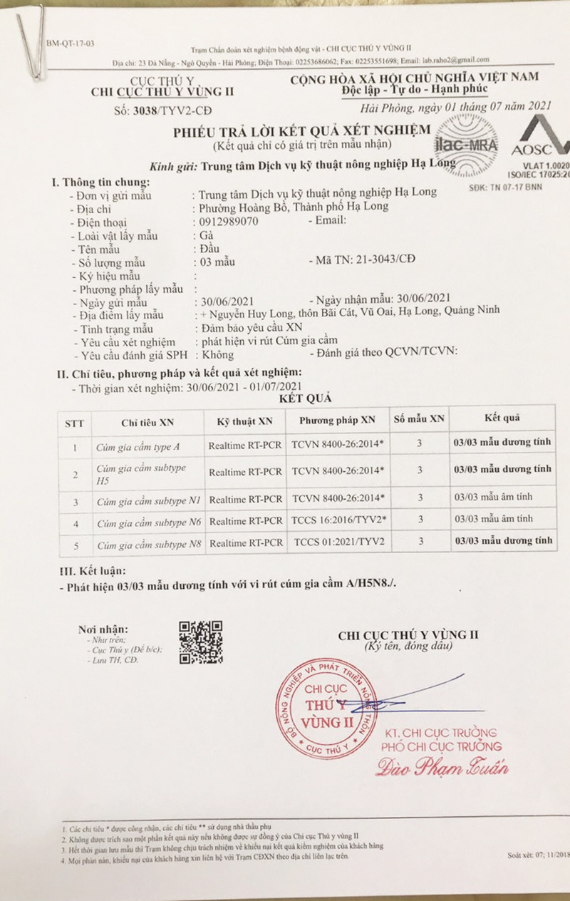 Kết quả xét nghiệm của Chi cục Thú y vùng II ghi nhận mẫu dương tính với vi rút cúm gia cầm A/H5N8