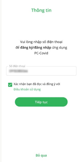 Bước 2: Truy cập vào “PC-Covid” sauđó nhập “Số điện thoại” và bấm “Tiếptục”.