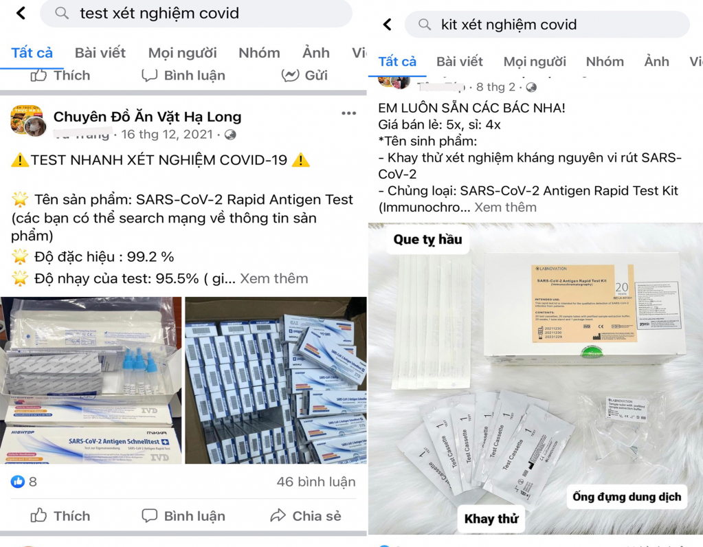 Kít xét nghiệm Covid-19 không rõ nguồn gốc xuất xứ được rao bán trên mạng xã hội facebook.