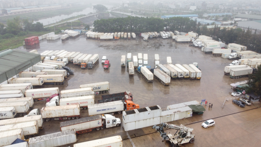 TP Móng Cái đã tích cực thực hiện quy hoạch, sắp xếp khu vực lưu giữ hàng hóa chờ xuất khẩu đảm bảo thông thoáng, khoa học. Ảnh: Bãi đỗ xe tại khu vực Công ty CP XNK Quốc tế Tân Đại Dương.