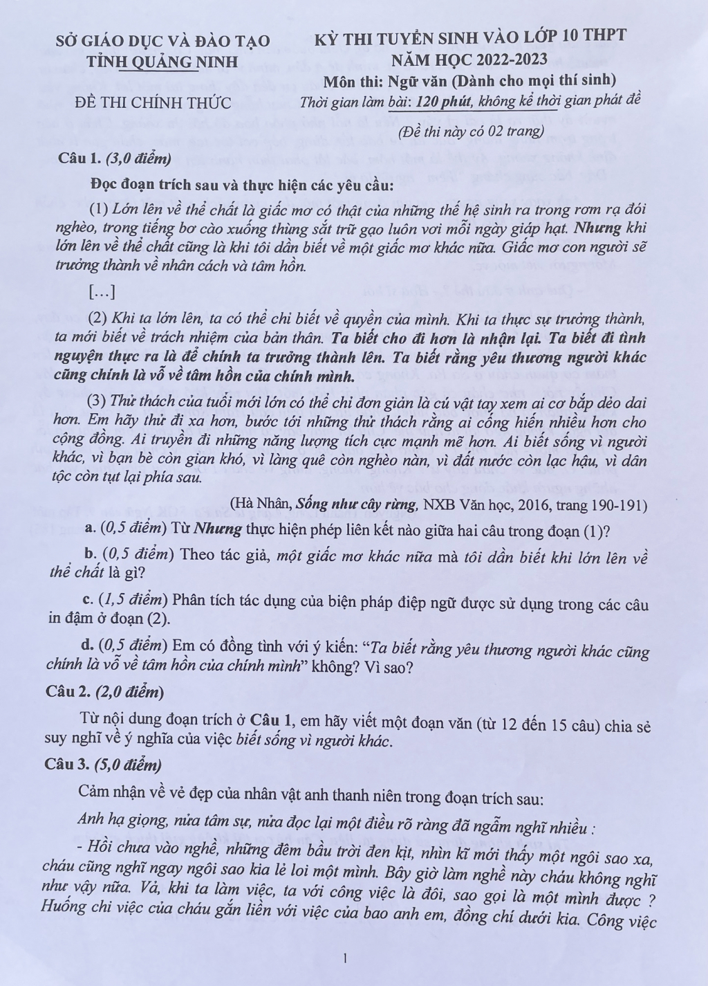 Đề thi môn Ngữ văn.