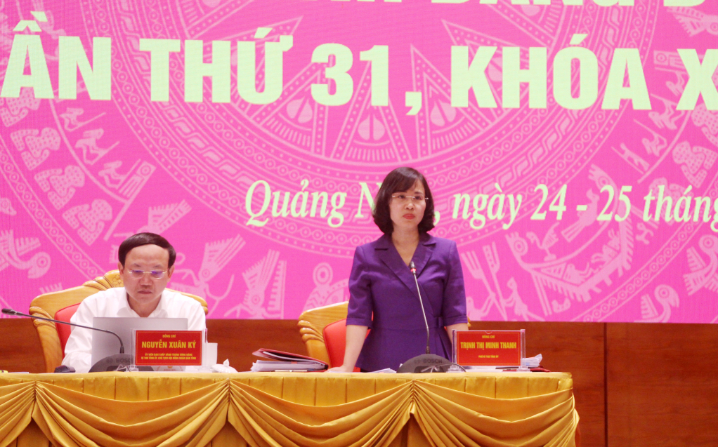 Đồng chí Trịnh Thị Minh Thanh, Phó Bí thư Tỉnh ủy, phát biểu tại hội nghị.